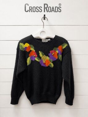 Vintage Cross Roads Floral Knit Sweater – Charcoal Gray – Size Large